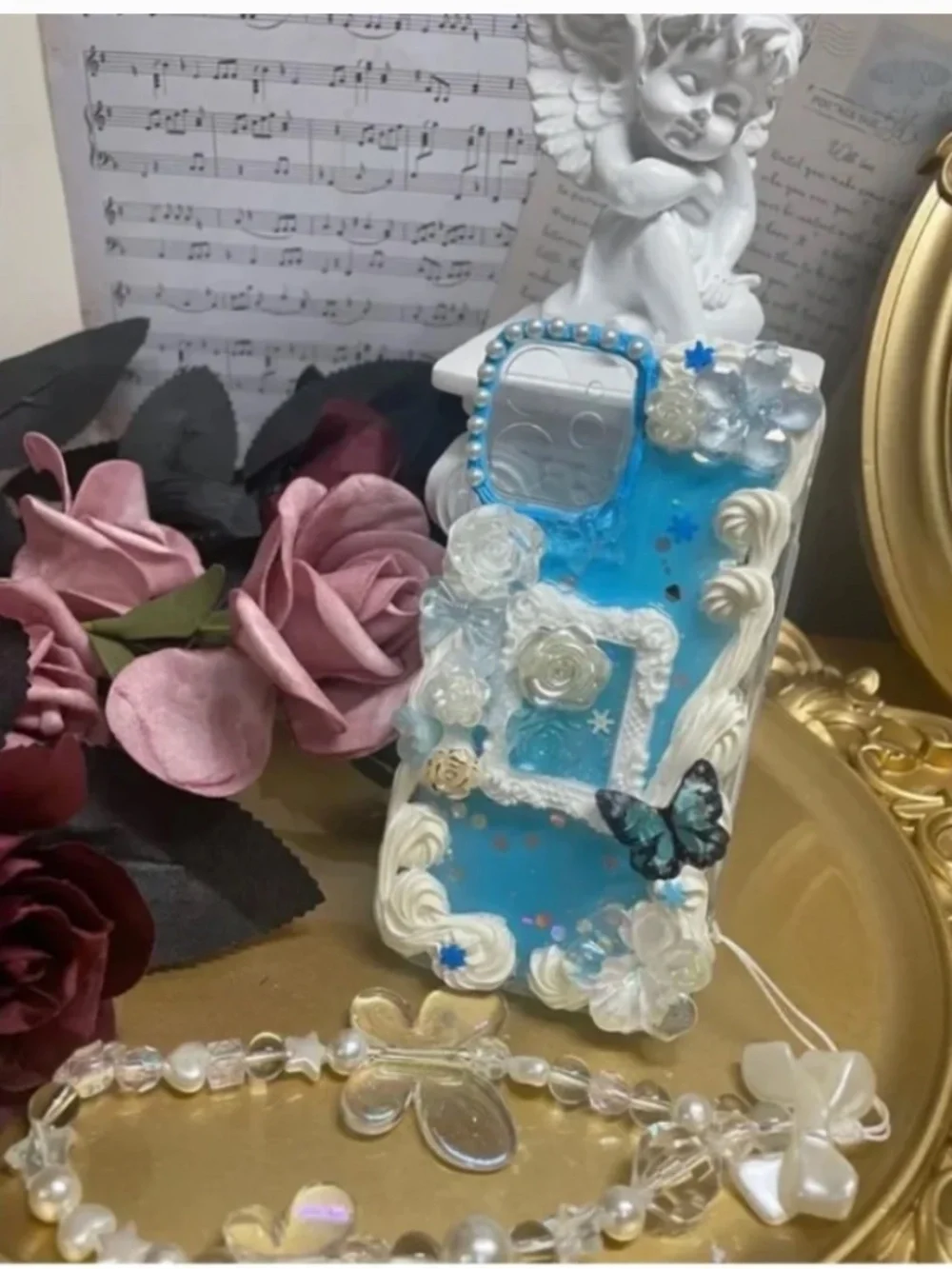 iPhone12mini Baroque Butterfly and rabbit Phone Case, Handmade